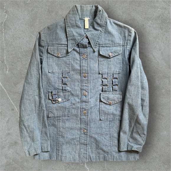 plains western wear Jackets & Blazers - VTG Denim Utility Jacket Womens Small Blue Button Front Pockets D Ring Detail